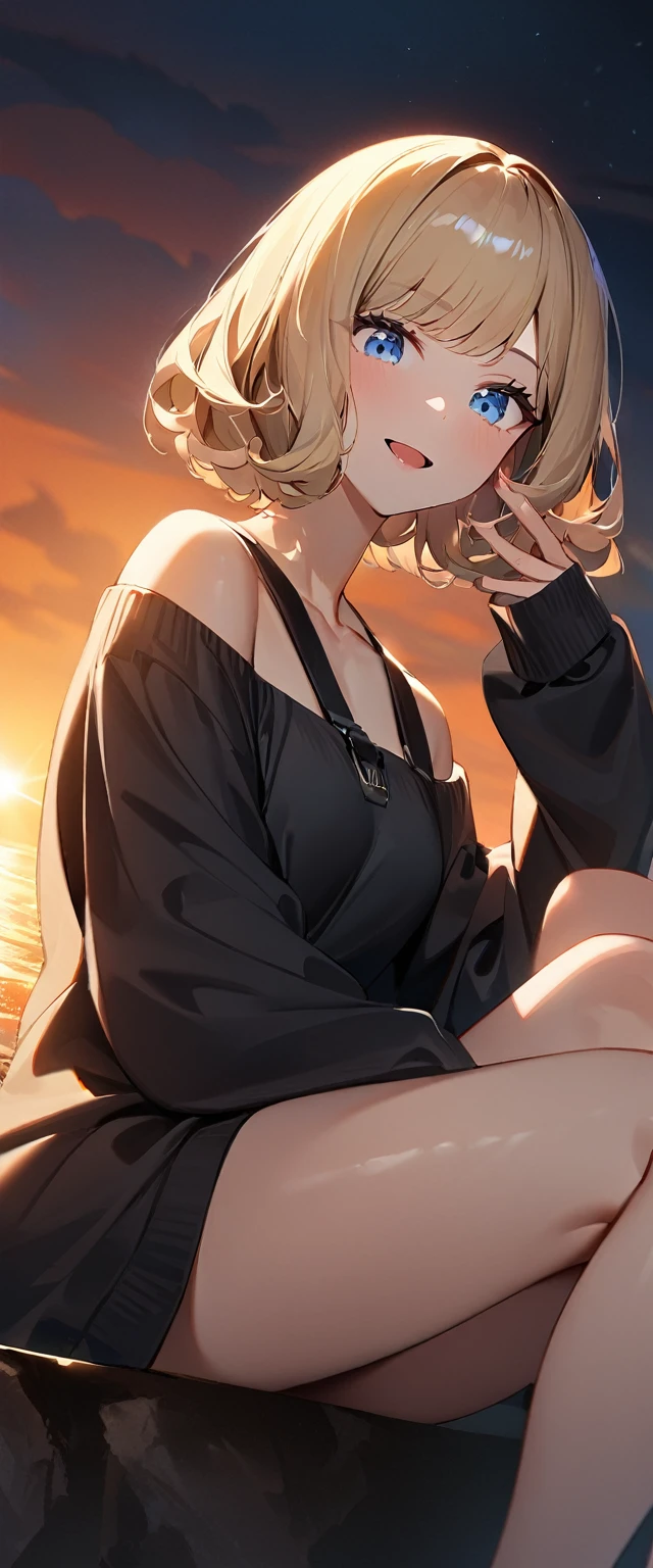 (((One girl))), (((portrait, face))), ((from below)), (((looking down))), ((outward curled hair)), from side:1.3, sea, beach, evening, Sunset, ((Sitting on a cliff)), wavy hair, blond hair, open mouth, tongue out, ((sunglasses, hand to sunglasses)), (bob cut:1.3)), breasts, standard body, (looking at viewer), oversized clothes, puffy long sleeves, collarbone, ((off-shoulder sweater dress:1.3, Quite thick shoulder straps)), (((sleeves past wrists:1.3))), ((black sweater)), teenager, head tilt:1.3, (((blue eye))), ((happy smile)), (((anime style))), (best quality, 4K, 8K, highres, masterpiece:1.2, ultra-detailed, ultra-detailed eyes, HDR, uhd, studio lighting, ultra-fine painting, sharp focus, physically-based rendering, extreme detail description, professional, vivid colors, bokeh), ((Highest quality, Best image quality, Ultra-high resolution, Ultra-high resolution, solo, Strong eye highlights)), Depth of written boundary, Natural soft light, attractive, Beautiful Face, Cleanliness, Pure Face, medium chest, Beautiful Face, Perfect Fingers, Perfect hands, Perfect body, Perfect Face, Shine a light into your eyes, Perfect Anatomy