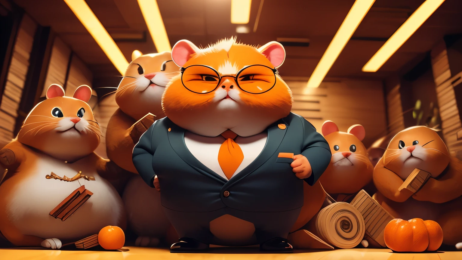 terrified surprised orange hamster, dressed in a suit and sunglasses, afraid , muscle body , looking surprised ,(masterpiece), (bestquality), (ultra detailed)