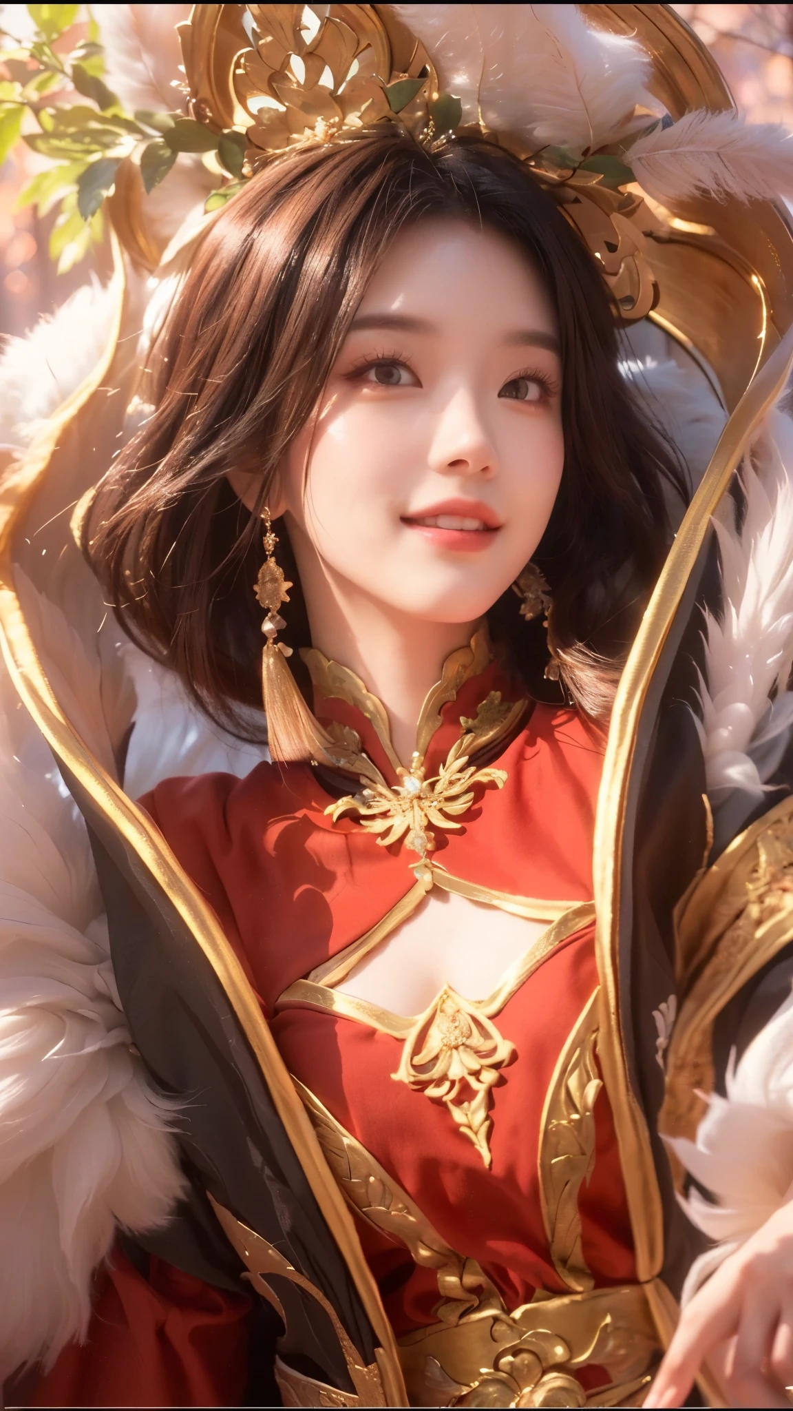 a beautiful detailed woman with striking eyes, elegant lips, smile, intricate hairstyle, standing in a mystical forest setting, highly detailed onmyoji-style portrait, ethereal lighting, warm color palette, masterpiece, 8k, photorealistic
