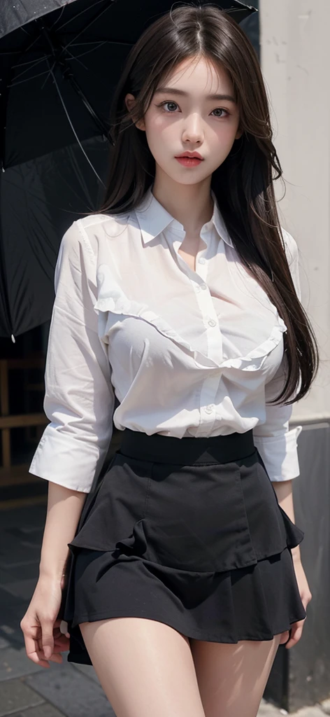 ((Best quality, 8k, Masterpiece :1.1)), Sharp focus :1.2, A Pretty Girl with perfect figure :1.4, Slender abs :1.2, ((Layered long hair, Big breasts :1.2)), (White tight shirt :1.3), office wear, very short black skirt (Sultry) ((Aroused: 1.5)), night: 1.5, (Black pantyhose), Open button shirt show , Rain :1.5, Street:1.3, Highly detailed face and skin texture, Detailed eyes, Double eyelid