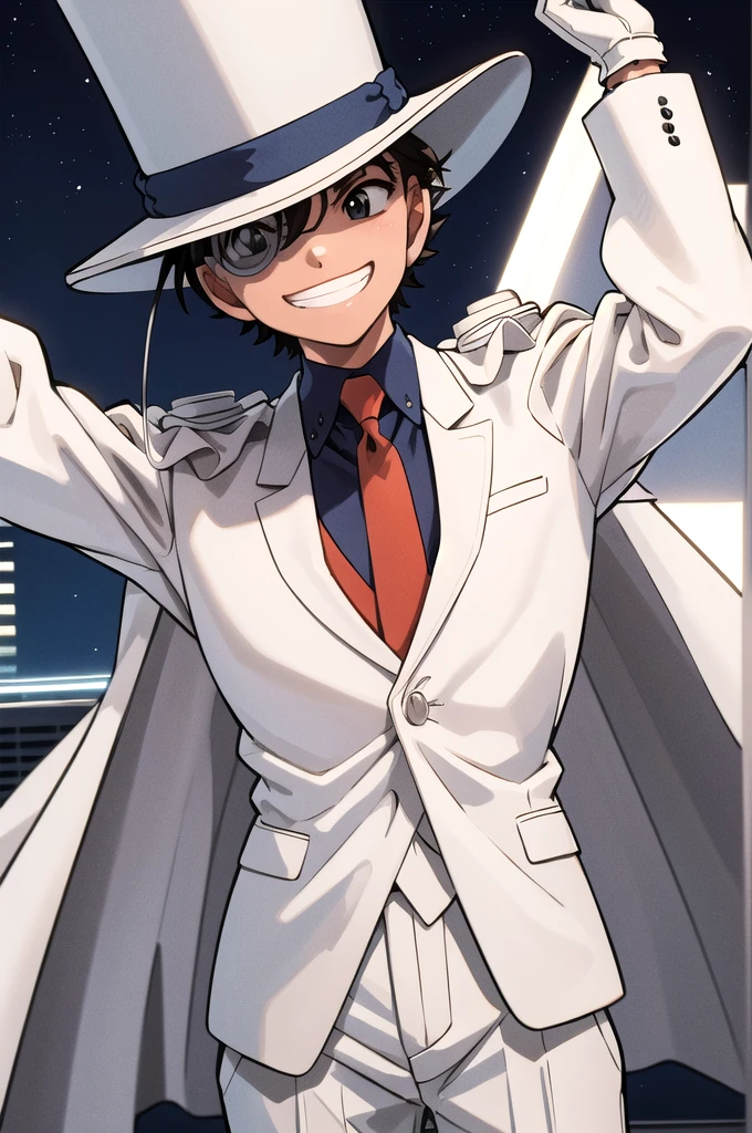 masterpiece,best quality,highres,1990s \(style\),kaitou ???,monocle,top hat,white suit,white cape,red necktie,night,moonlight,on roof,cowboy shot,grin,white gloves,