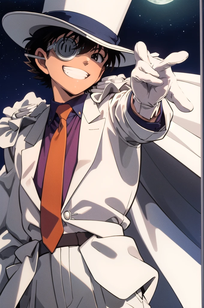 masterpiece,best quality,highres,1990s \(style\),kaitou ???,monocle,top hat,white suit,white cape,red necktie,night,moonlight,on roof,cowboy shot,grin,white gloves,