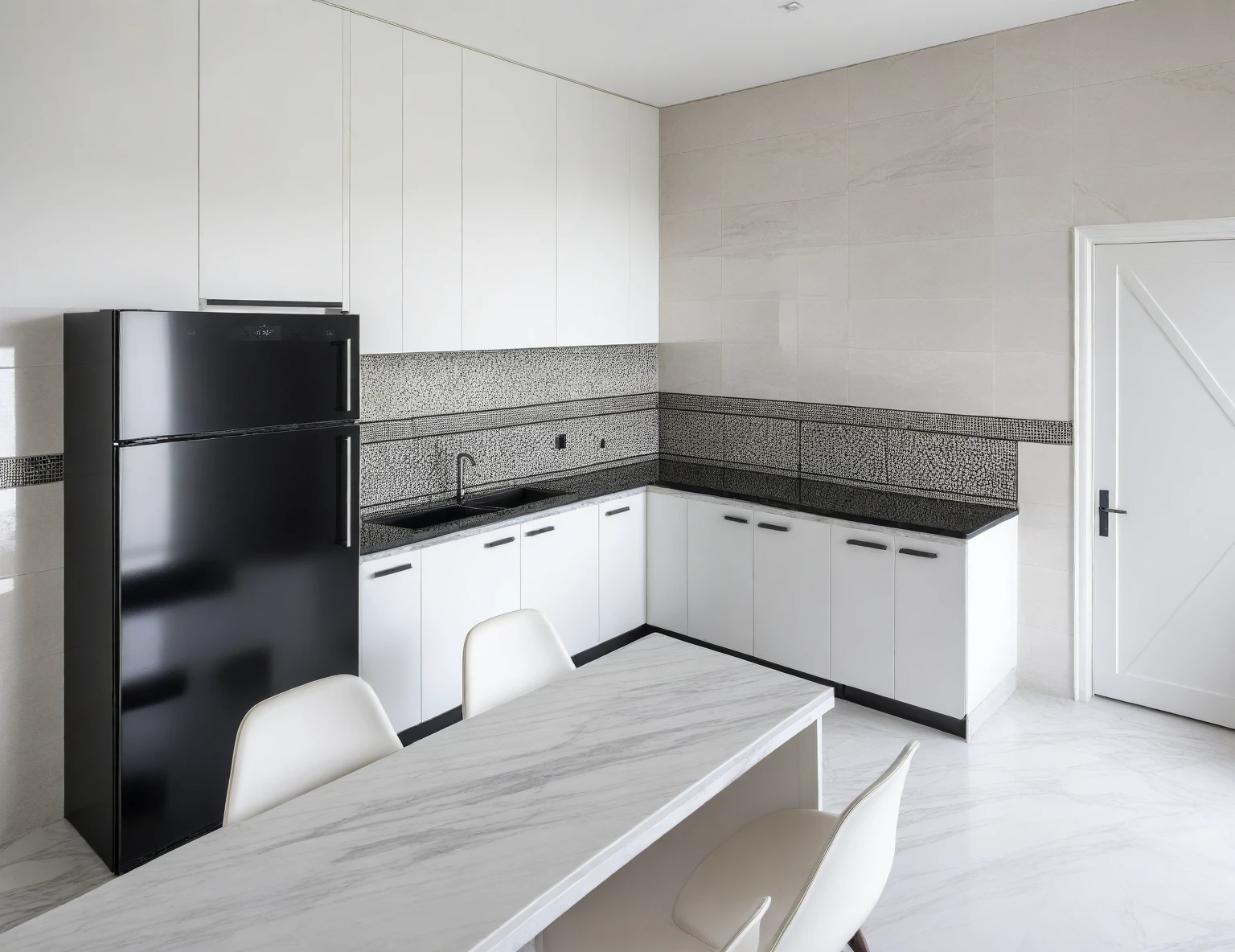 Raw photo,Masterpiece, high quality, best quality, authentic, super detail,
indoors, interior , ((kitchen and dining :1.3)), modern style, daylight, (WHITE WALL),luxury, marble tile floor, fridge, black stone counter top, tiling wall