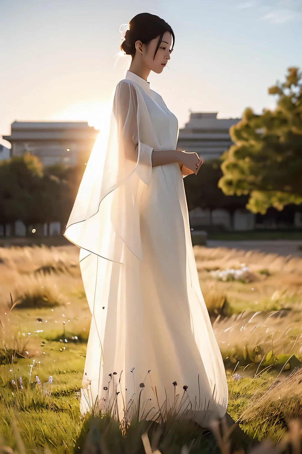  masterpiece, best quality, 1girl, solo, delicate face, white-skinned female, see-through silhouette, white dress, full body,outdoor,,grasses and flowers,blur background,background defocus