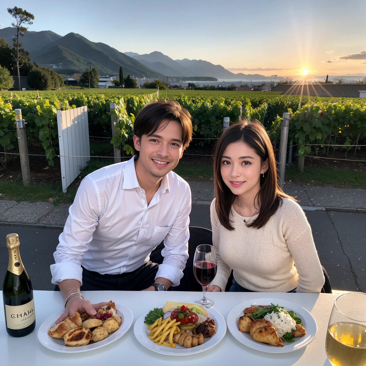 ((Highest quality、、masterpiece:1.3))、1 male、1 female、spouse、Beautiful couple、Japanese couple、smile、 (Slim face), (the body is スリム), (Brown Hair), (Shortcuts), ((Bob Hale、Straight hair:1.2)), テーブルの上のwine glass、Please shine a light on my face、 Amazing view of the sunset sky and clouds、Amazing mountain views、smileの美しさ、Bright imYear、Blushing, Shortcuts,Bright Face、 Year), 39 Year, red wine 、Appetizers、Italian food、Wine bottle、Champagne、sparkling wine、Long sleeve shirt、dress、Attractive beauty、restaurant, Nova Frog Style, actress, model, Upper Body, White wine, red wine, wine glass,