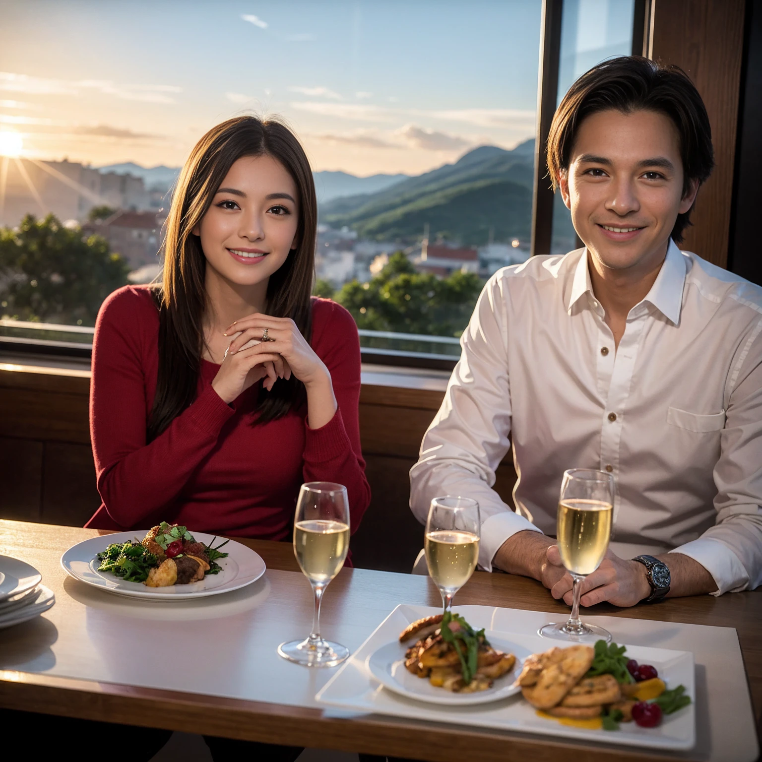 ((Highest quality、、masterpiece:1.3))、1 male、1 female、spouse、Beautiful couple、Japanese couple、smile、 (Slim face), (the body is スリム), (Brown Hair), (Shortcuts), ((Bob Hale、Straight hair:1.2)), テーブルの上のwine glass、Please shine a light on my face、 Amazing view of the sunset sky and clouds、Amazing mountain views、smileの美しさ、Bright imYear、Blushing, Shortcuts,Bright Face、 Year), 39 Year, red wine 、Appetizers、Italian food、Wine bottle、Champagne、sparkling wine、Long sleeve shirt、dress、Attractive beauty、restaurant, Nova Frog Style, actress, model, Upper Body, White wine, red wine, wine glass,