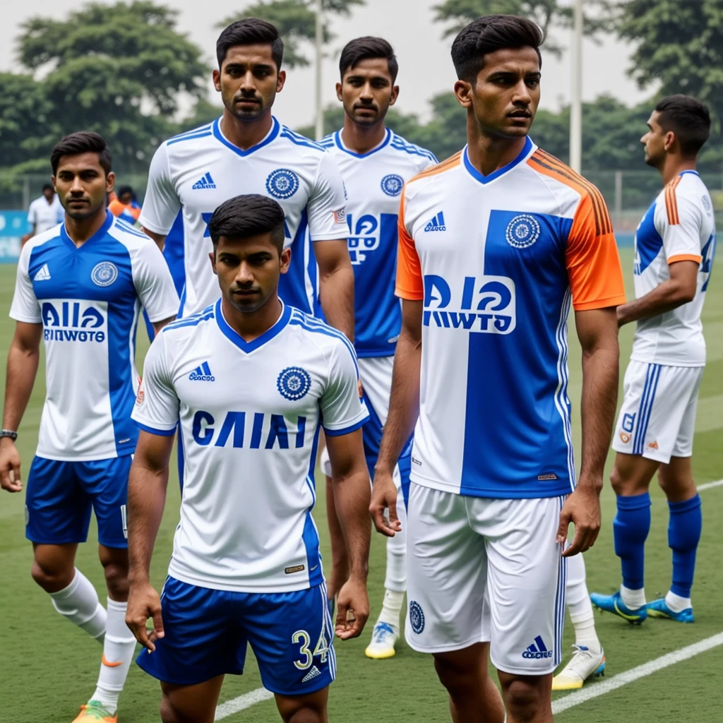 Generate an Indian football kit. Blue and white as primary colours. Designed by Addidas. Addidas stripes to be in orange colour . Shorts from the kit to be completely white . Whereas Shirt from the kit predominantly blue and white on top . Generated different styles . Makes sure each style to be unique but classy . No vulgarity 