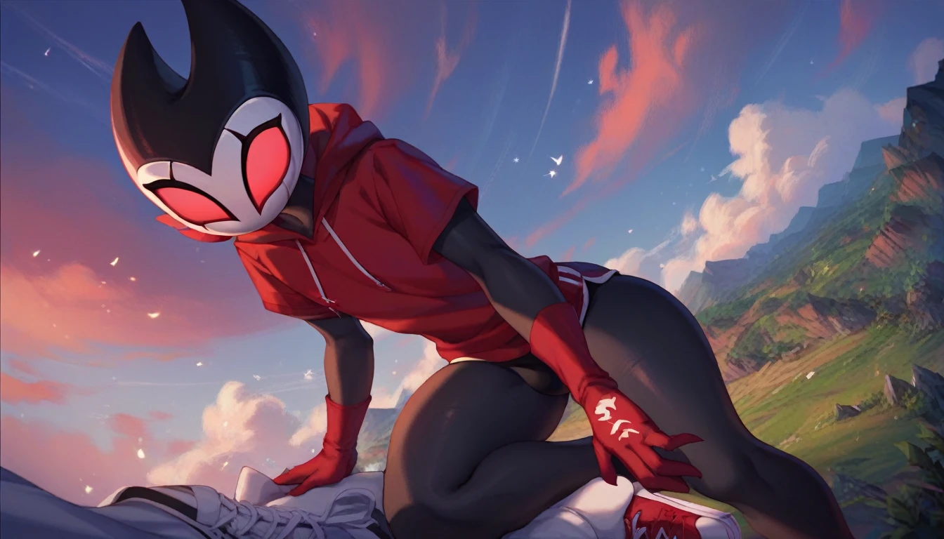 score_9, score_8_up, score_7_up, score_6_up, zPDXL2, grimm \(hollow knight\), vampire, bat, 1boy, solo, cute face, detailed eyes, anthro, landscape, highlight thighs, red sports gloves, sneakers, blue hooded sweatshirt, thick thighs, pov, (portrait:1.2), male focus