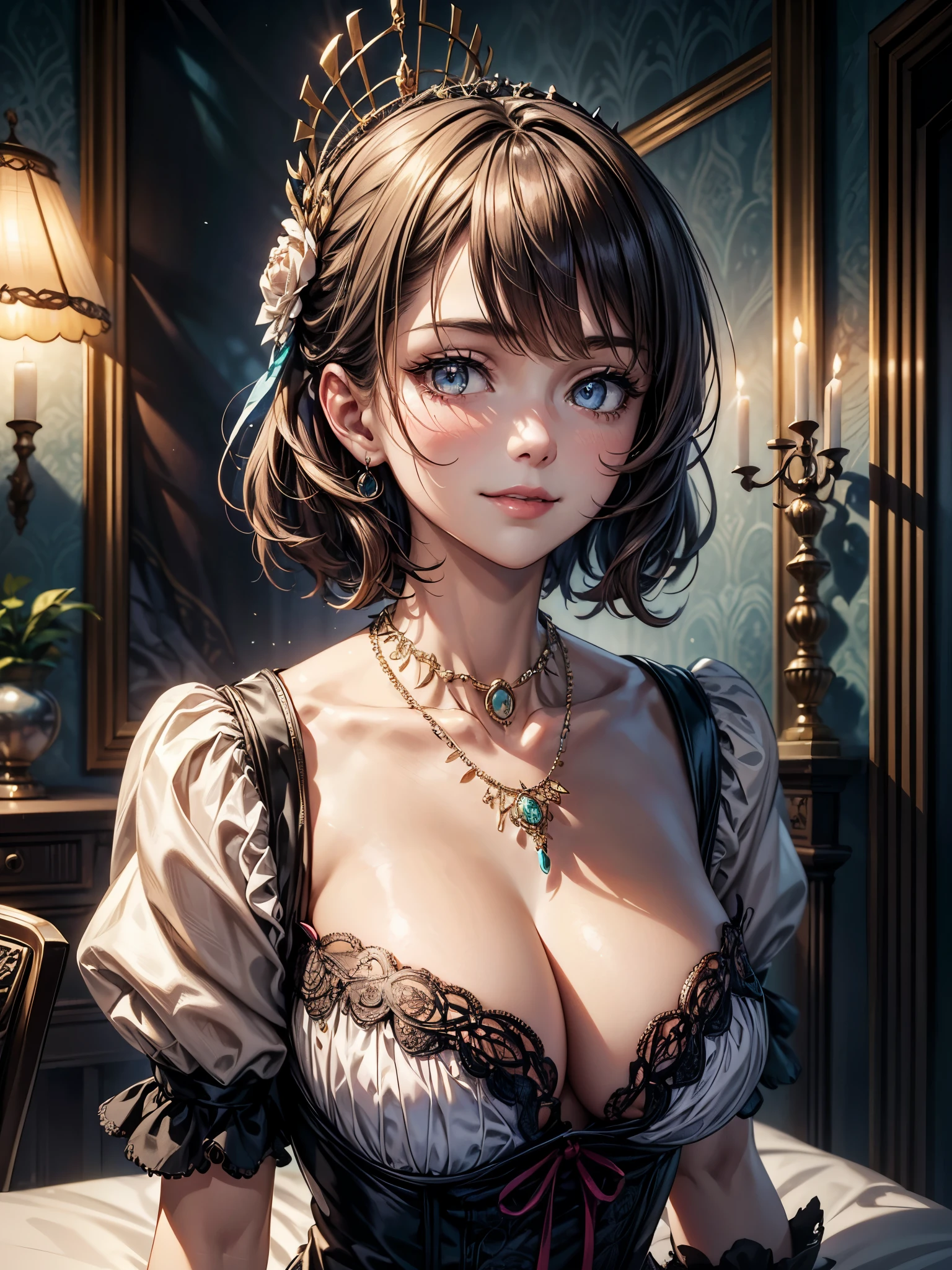 an image of a woman in a dress with a necklace on her neck and a necklace on her neck, victorian, intricate, masterpiece, best quality, highres, 4k, hdr, closed mouth, light smile, puffy sleeves, masterpiece, best quality、sultry look, seductive,