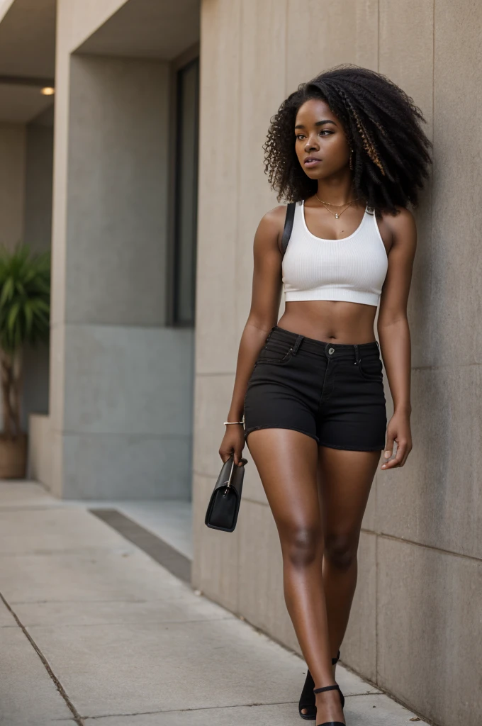 Caila, solo, realistic, black girl, ((25-year-old girl)), mature, african american young woman, young black woman, dark-skinned, cranky hair, upper body and upper legs
