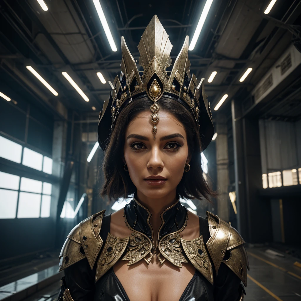 Woman in extravagant headdress, reminiscent of an ancient crown with futuristic elements.
full height, with long legs and seductive shapes.
Face with clearly defined features and metallic accents.
Suit made of transparent material with integrated luminous lines.
Background: post-apocalyptic world with destroyed buildings and remnants of technology.
outside: One arm raised up, as if she is addressing an audience or controlling something.