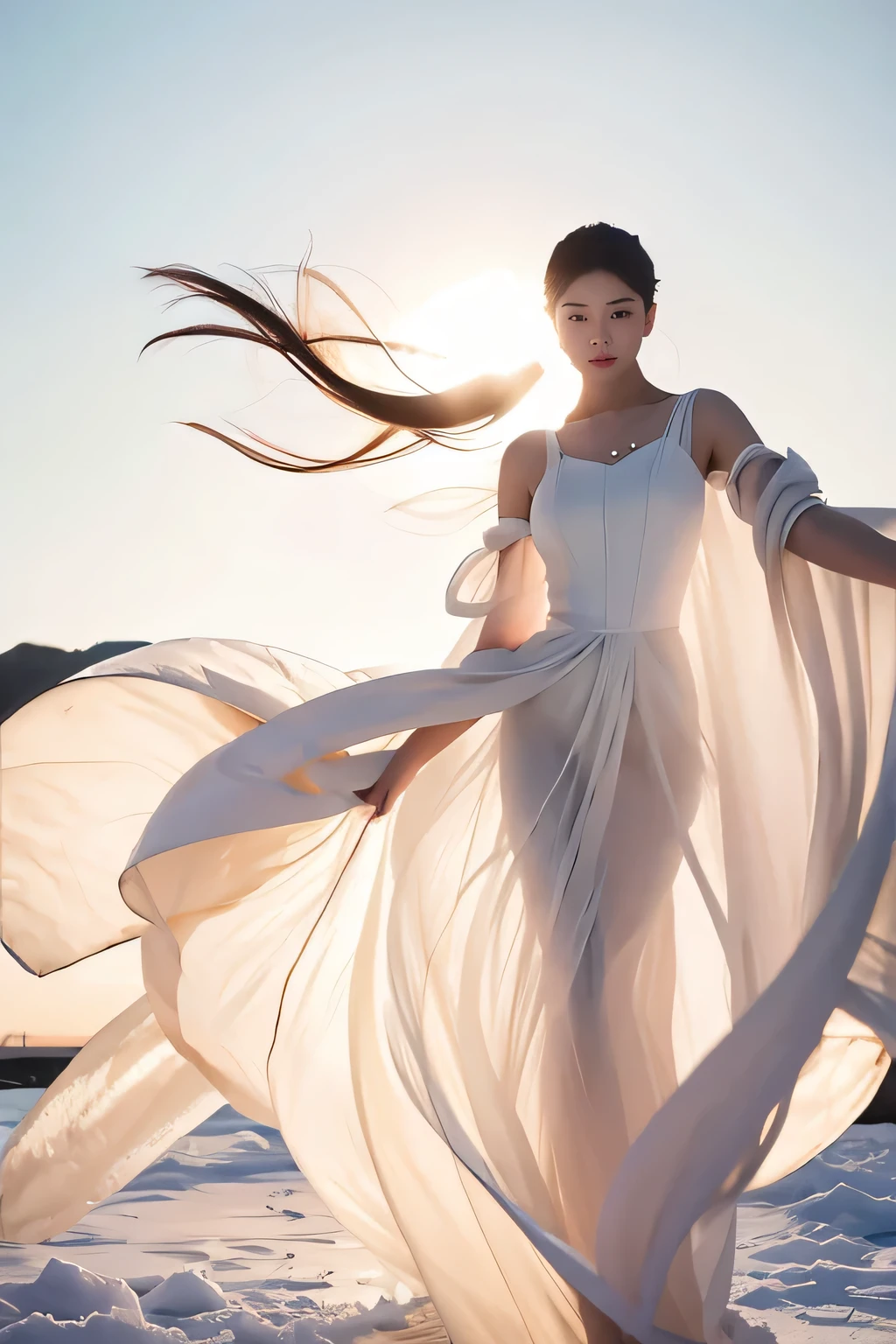  masterpiece, best quality, 1girl, solo, delicate face, white-skinned female, see-through silhouette, white dress, full body,outdoor,,rose,dark_background,  flower, ice_flower, icicle,,floating_hair