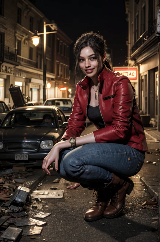 1girl, (realistic),(hyperrealism),(best quality),(masterpiece),(ultra high res),(photorealistic),idol,eye makeup,detailed eyes,detailed face,black dress, claireredfield2, brown hair, (red jacket:1.2), ponytail, (denim pants:1.3),,  red wristband, grey inner bra, old boots,,  abandoned street, burning cars in background, littered street, smoke, chaos, zombie apocalypse, nighttime, streetlamp illumination, full moon,,  flirting, looking at viewer, smiling, squatting