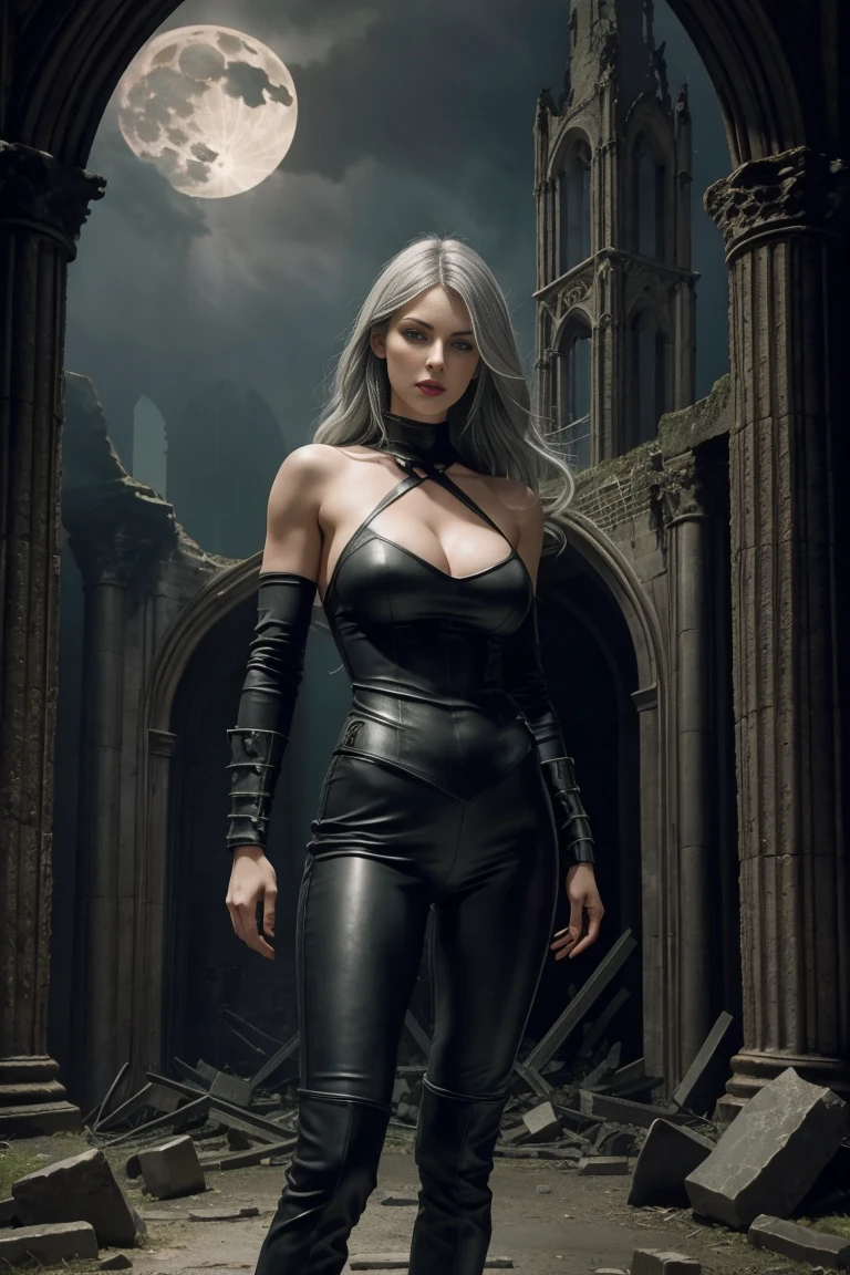 medieval setting, full body shot, sexy beauty sensual woman, green eyes, grey hair, red mouth, tall muscular body big round breasts broad shoulders, leather armor, black leather pants, in front of the ruined altar of an ancient gothic cathedral at night in the moonlight in dense fog