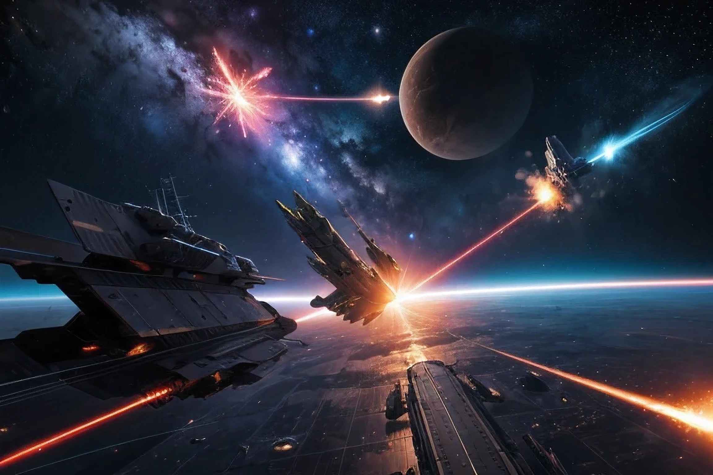Space War, flying space battleships, laser cannons, flashes, explosions, Planet Below,