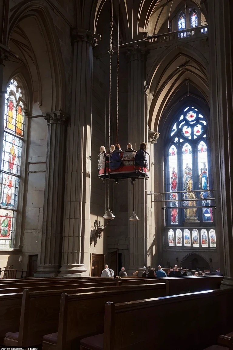 Huge muscles suspended from iron bars in the church look out at the audience.
