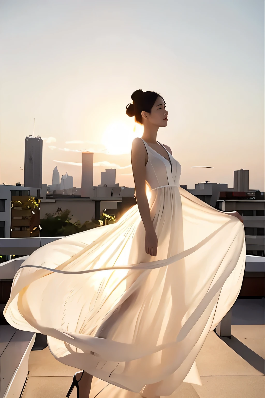  masterpiece, best quality, 1girl, solo, delicate face, white-skinned female, see-through silhouette, white dress, full body,outdoor,,on the rooftop of a tall building,floating_clothes