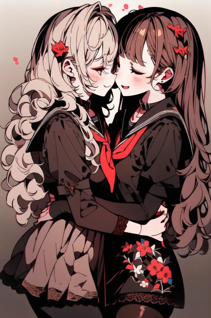 ((YURI)), Perfect Face, Multiple Girls, (((2Girls))), ((Brown Hair Gril, Short Hair)), ((Blonde Hair Girl, Wavy Hair)), (((Two Friendly Girls:1.4))), ((Hug)), (((Symmetrical Posture, Cheeks Touching:1.5))), (((Smile))), ((Closed Eyes)), Open Mouth:0.8, kiss:0.2, BREAK;
(MakeUp, Red Eyeliner), (Wavy Hair, Short Hair), ((School Uniform, Sailor Suit, Dark Brown Collar, Dark Brown Shirts, Short Sleeve, Red Neckerchief)), ((School, Dark Brown Skirt)), (Brown Lace Pantyhose, Lace:1.5), Thighs:1.1, (Brown Loafers), Slender Body, ((Small Breasts:1.4)), Red Nails,
BREAK;
(8K, Best Quality, Ultra Detailliert, Highres, Absurdres, Perfect Anatomy, Masterpiece), Strong Outline, Five Fingers, (Blush), ((Posed Photo:1.3)), ((Wide-Angle Photo:1.3)), Dutch Angle, ((White BackGround, Floral Print:1.5, Flower BackGround:1.3, Floral BackGround:1.3)),