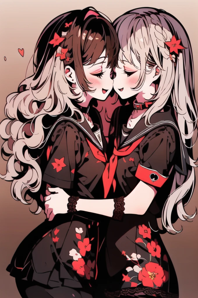 ((YURI)), Perfect Face, Multiple Girls, (((2Girls))), ((Brown Hair Gril, Short Hair)), ((Blonde Hair Girl, Wavy Hair)), (((Two Friendly Girls:1.4))), ((Hug)), (((Symmetrical Posture, Cheeks Touching:1.5))), (((Smile))), ((Closed Eyes)), Open Mouth:0.8, kiss:0.2, BREAK; 
(MakeUp, Red Eyeliner), (Wavy Hair, Short Hair), ((School Uniform, Sailor Suit, Dark Brown Collar, Dark Brown Shirts, Short Sleeve, Red Neckerchief)), ((School, Dark Brown Skirt)), (Brown Lace Pantyhose, Lace:1.5), Thighs:1.1, (Brown Loafers), Slender Body, ((Small Breasts:1.4)), Red Nails, 
BREAK; 
(8K, Best Quality, Ultra Detailliert, Highres, Absurdres, Perfect Anatomy, Masterpiece), Strong Outline, Five Fingers, (Blush), ((Posed Photo:1.3)), ((Wide-Angle Photo:1.3)), Dutch Angle, ((White BackGround, Floral Print:1.5, Flower BackGround:1.3, Floral BackGround:1.3)),