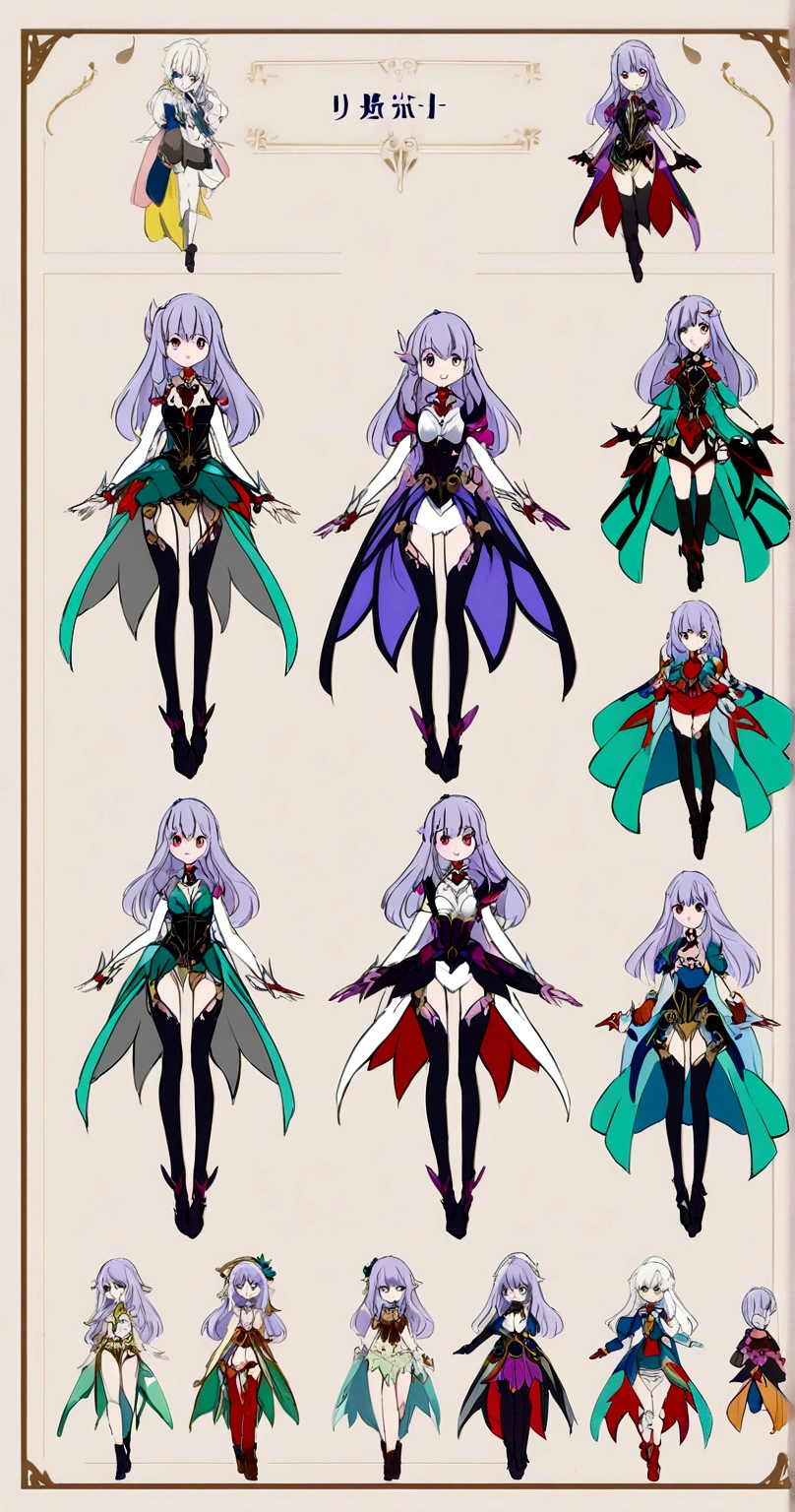 character design board, anime girl, design, just one character, clothes, rotation, fantasy clothes, complex design