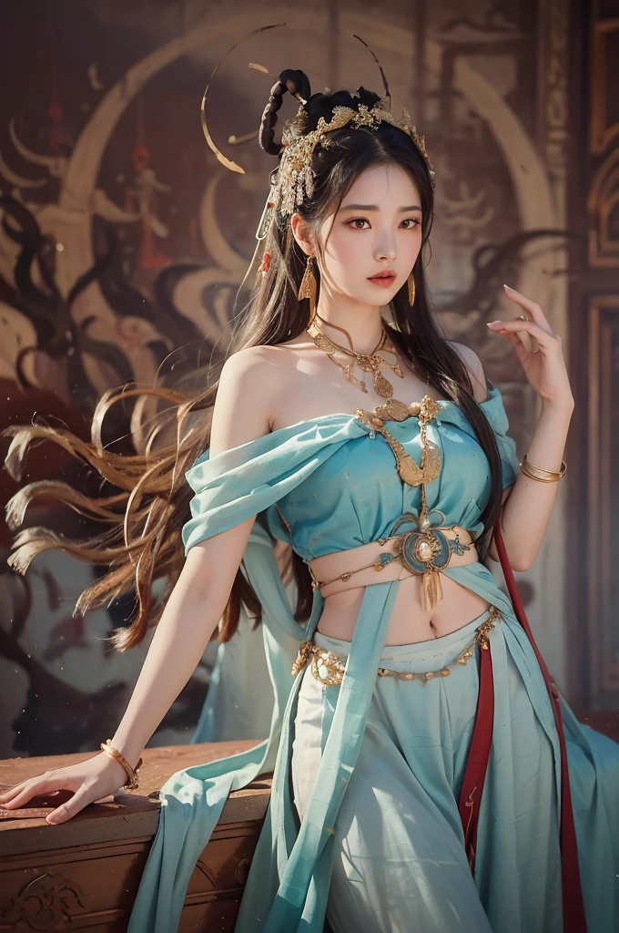 1 Girl, Dunhuang Feitian Costumes, Messy long hair, Ji Jian, Dunhuang style, Lots of smoke, superb, Elegant colors, (Practical, High Detail, masterpiece, Very detailed, Dynamic Angle, Mural Background, Ink Painting, Astonishing, light, illustration, Chiaroscuro, Backlight, Divine Light, Netherlands, best quality, best quality