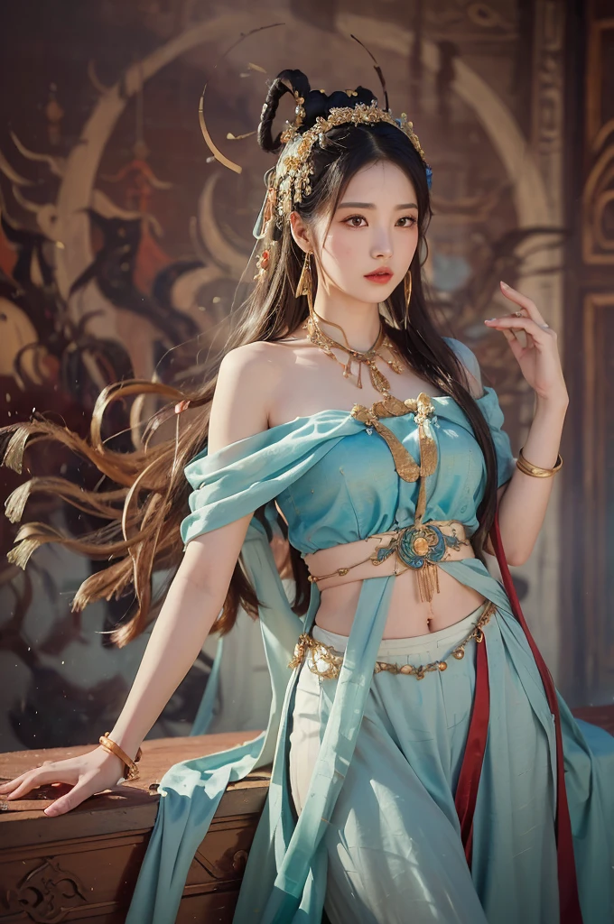 1 Girl, Dunhuang Feitian Costumes, Messy long hair, Ji Jian, Dunhuang style, Lots of smoke, superb, Elegant colors, (Practical, High Detail, masterpiece, Very detailed, Dynamic Angle, Mural Background, Ink Painting, Astonishing, light, illustration, Chiaroscuro, Backlight, Divine Light, Netherlands, best quality, best quality