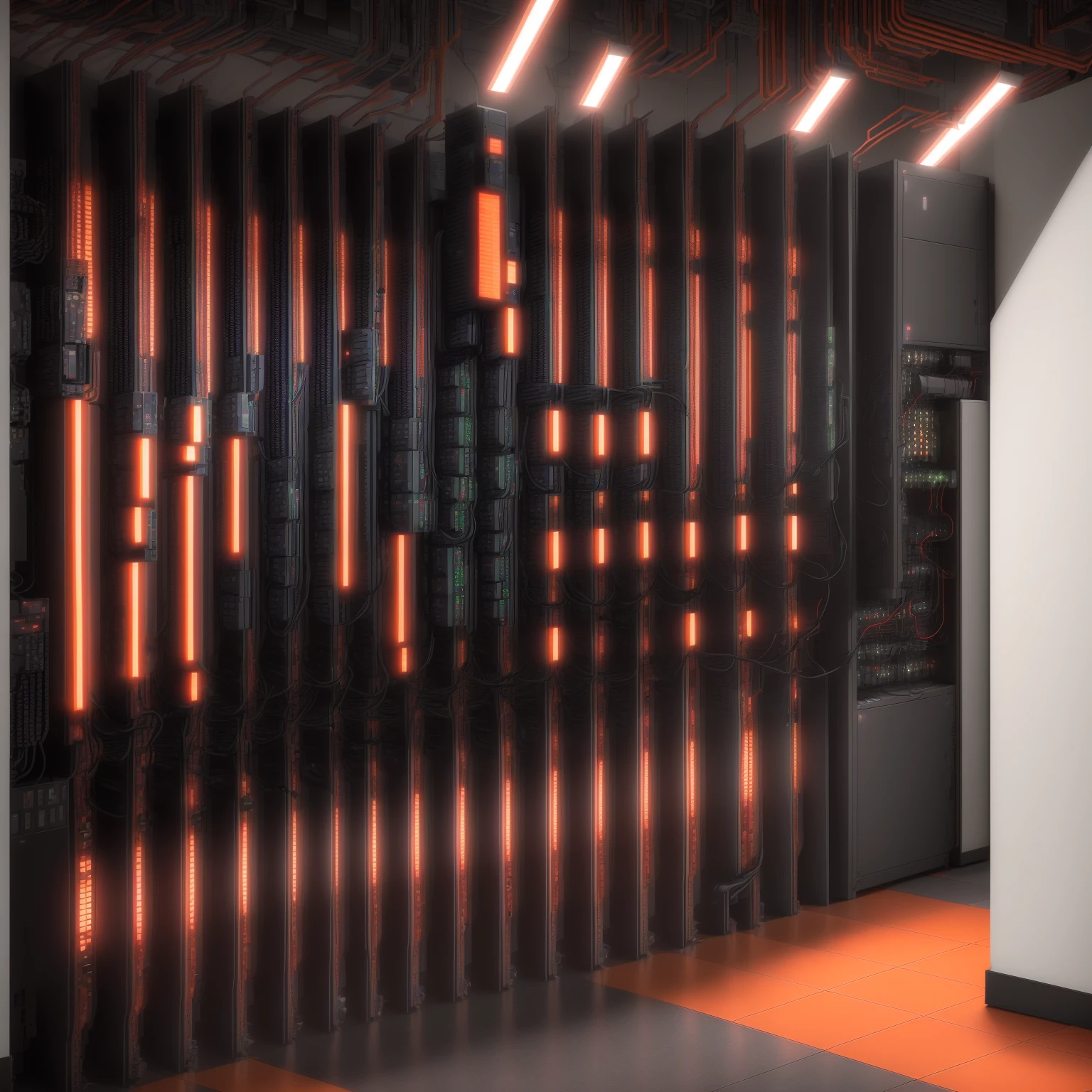 There is a room with a bunch of red and black servers, background is data server room, Invasion host, in detailed data center, data center, extreamly detailed data center, supercomputer, data center, in data center, In the server room, in realistic data center, robot in data center, Orange neon backlight