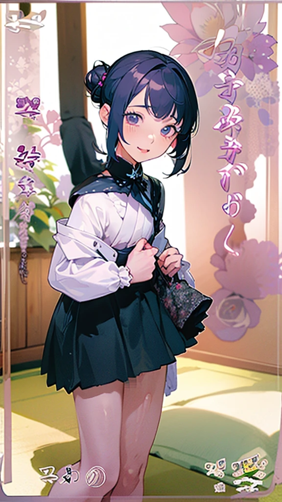 Top Quality, 8K, 4K, High Definition, Detail, (better-quality, 8K, 12), top-quality, 1 girl、purple short bob hair clip tied into a bun、black eyeedium breasts、uniform、gray jacket with pink line, fingerless gloves、thighs、Ilcha fousing on her, surprise face, having her hands her face, making cute surprise expressing. picture pose, she is standing up, (NSFW)