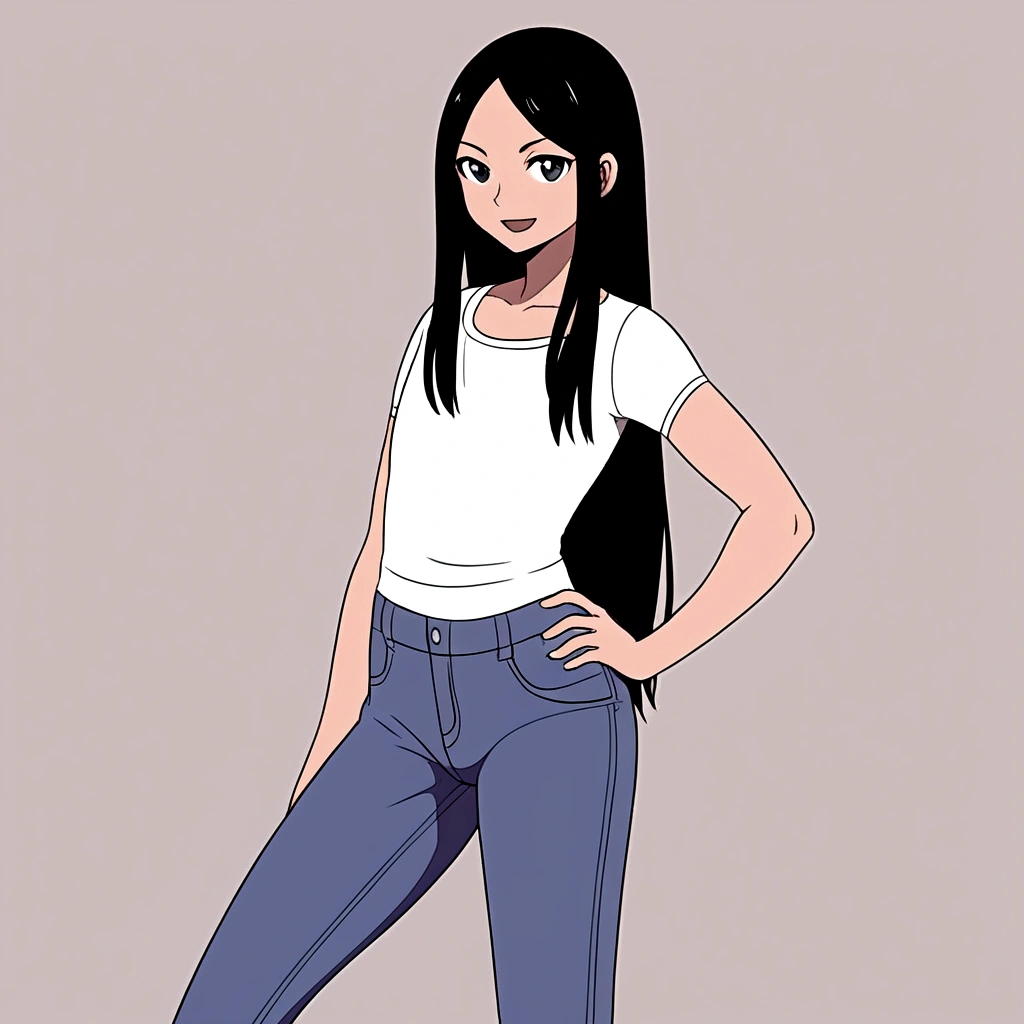 masterpiece , best quality , color , lineart , 1 girl , solo , 20 years old , flat chest , long hair , black hair , short sleeve , white tshirts , long pants , jeans , smirk , standing , hand on hip , open eyes , looking at viewer , open mouth , cowboy shot , from front , white backqround , simple backqround ,