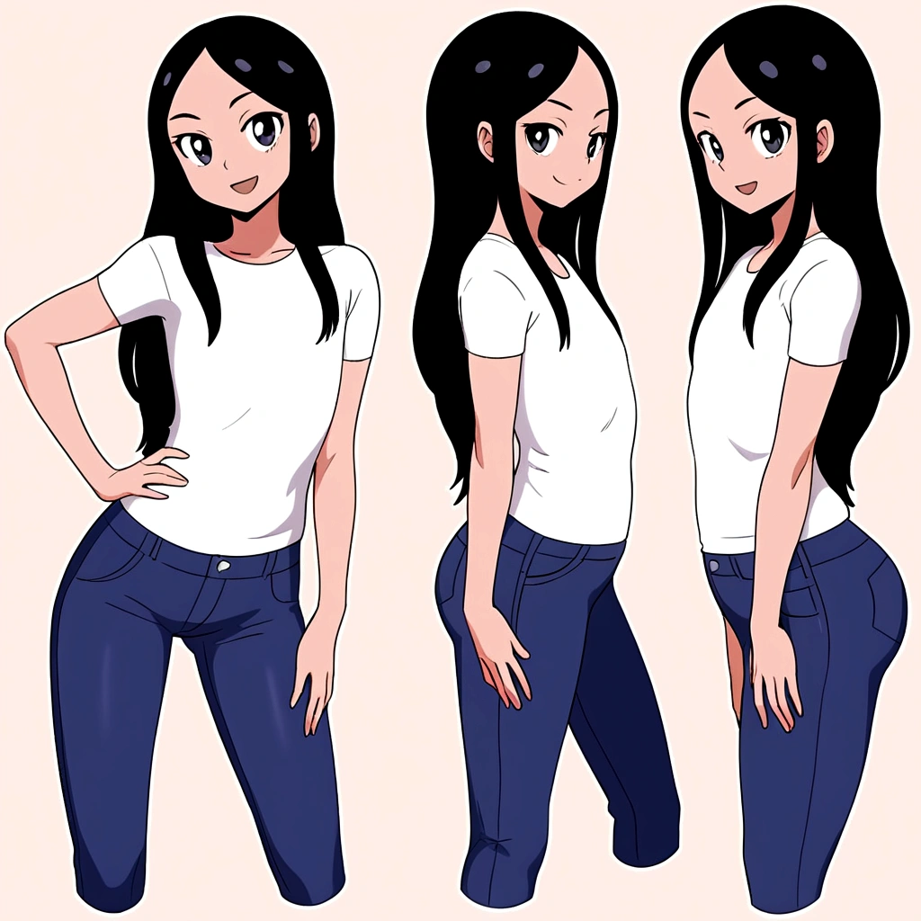 masterpiece , best quality , color , lineart , 1 girl , solo , 20 years old , flat chest , long hair , black hair , short sleeve , white tshirts , long pants , jeans , smirk , standing , hand on hip , open eyes , looking at viewer , open mouth , cowboy shot , from front , white backqround , simple backqround ,