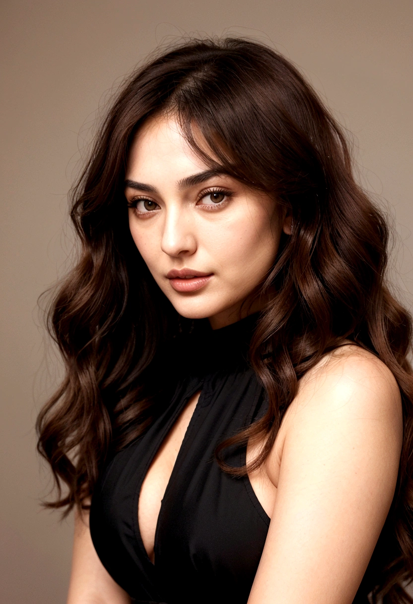 Generate a 4K high-resolution portrait of a 25-30-year-old Turkish woman resembling Monica Bellucci, featuring large expressive deep brown eyes with well-defined arched eyebrows, a straight or slightly aquiline nose, full sensual pink lips, defined cheekbones, an oval face shape with a gentle jawline, and long silky chestnut brown hair styled in loose waves or curls, exuding elegance and sensuality. (full black dress 