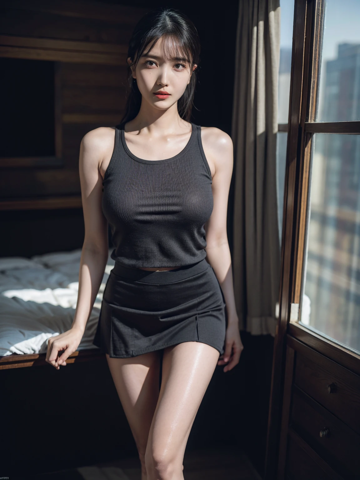 1girl, woman, masterpiece, best quality, highest quality, cinematic lighting, (volumetric lighting), extremely detailed CG unity 8k wallpaper, focused, 8k wallpaper, extremely detailed, ultra realistic, photorealistic, sharp focus, absurdres, (HDR:1.2), (high contrast), photograph, detailed and intricate, instagram, portrait, highly detailed, digital painting, artstation, concept art, smooth, sharp focus, illustration, cinematic lighting, (natural big breast), black short skirt, eyes looking at the viewer, ((medium shoulder)), (sexy legs), (slender body), (((height 163cm))), (HQ skin:1.4, Realistic human body structure), (Full body:1.5), (aerial shot photo), (wearing knit tank top, short skirt), (show thighs)