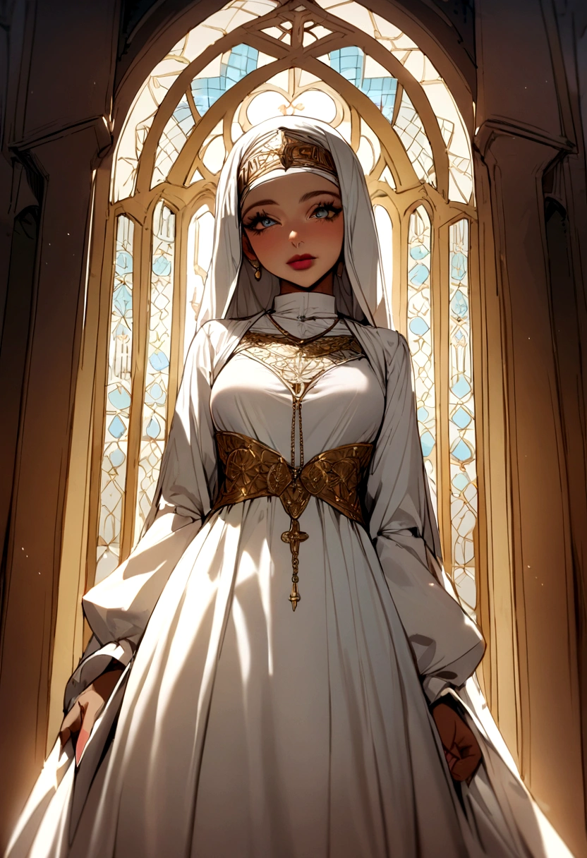 beautiful woman wearing a hijab arabia was baptized by a Christian priest in a church and became a Christian