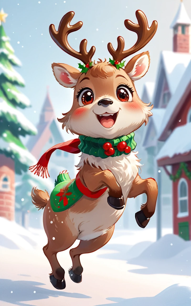 A cute Christmas reindeer with furry, Soft appearance, Decorated with a festive red and green collar, and their expressions as they leap for joy in a snowy winter wonderland，Christmas atmosphere，cute reindeer，Gift，Christmas tree，Two cute reindeers