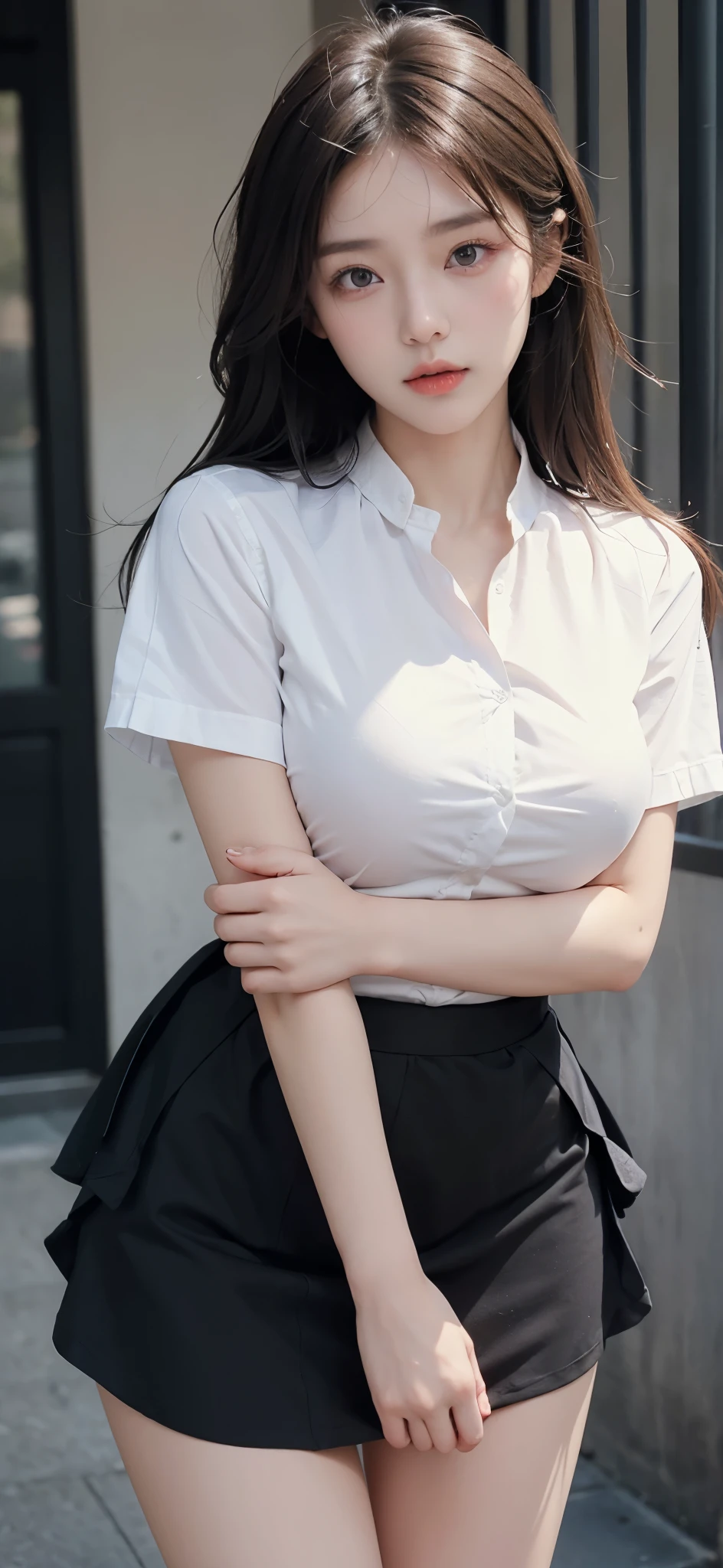 ((Best quality, 8k, Masterpiece :1.1)), Sharp focus :1.2, A Pretty Girl with perfect figure :1.4, Slender abs :1.2, ((Layered long hair, Big breasts :1.2)), (White tight shirt :1.3), office wear, very short black skirt (Sultry) ((Aroused: 1.5)), night: 1.5, (Black pantyhose), Open button shirt show , Rain :1.5, Street:1.3, Highly detailed face and skin texture, Detailed eyes, Double eyelid