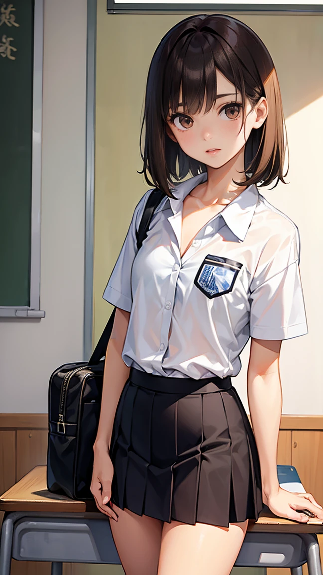 (1 female), short bob, 18 years old, Japanese, brown eyes, brown hair, slim, (flat chest), high school girl, classroom, summer uniform break at school Her blouse was semi-transparent and her bra was visible. black bura