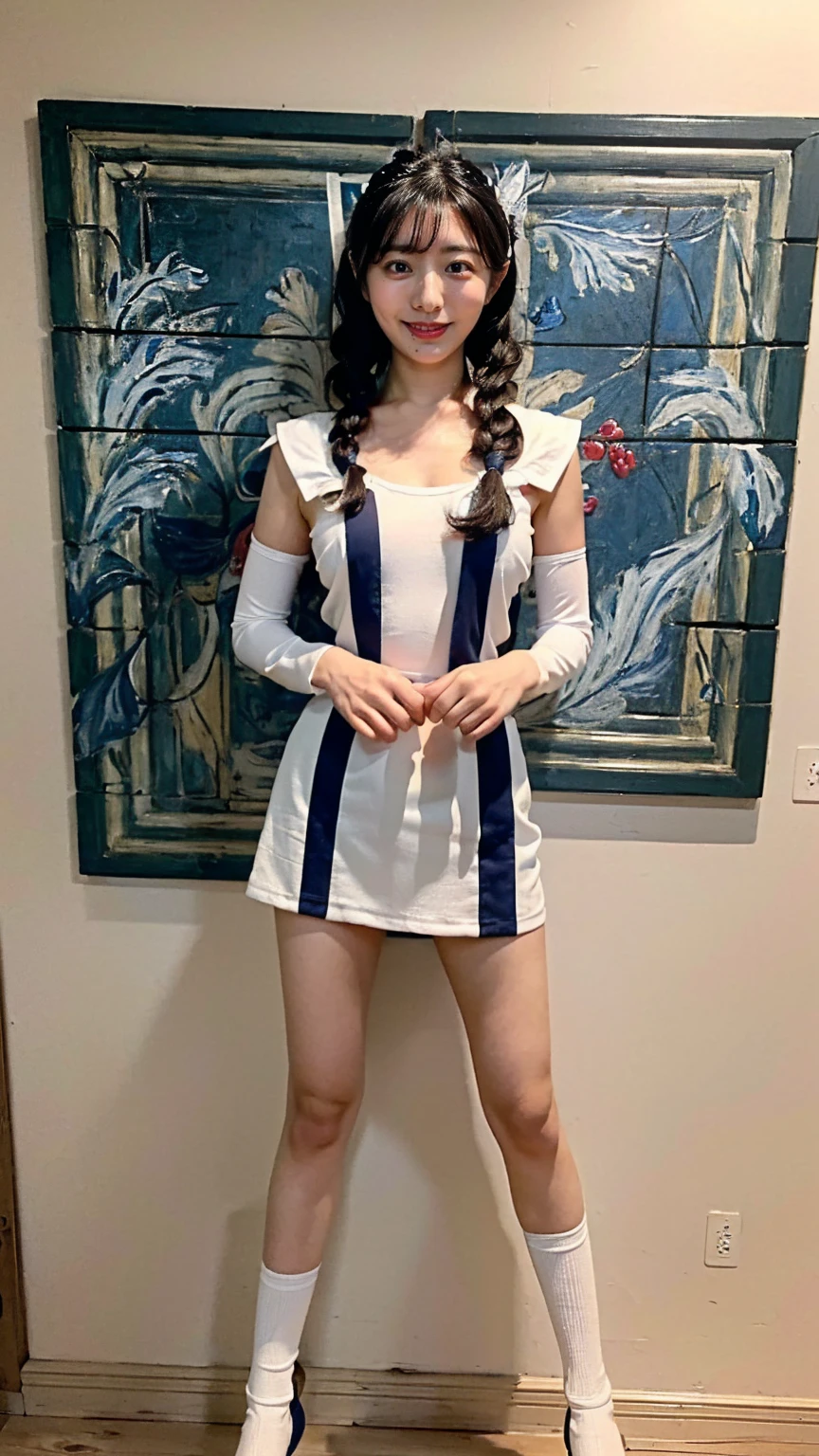 (8K、RAW Photos、Highest quality、masterpiece:1.2)、(Realistic、Realistic)、1 girl、((Sailor Warrior Outfits:1.5、With pubic hair、Large Breasts、Full body from the front、Standing with hands behind back、、Lots of eyelashes、Glowing eyelids、skeletally correct、smile、This photo will awaken boys to sex