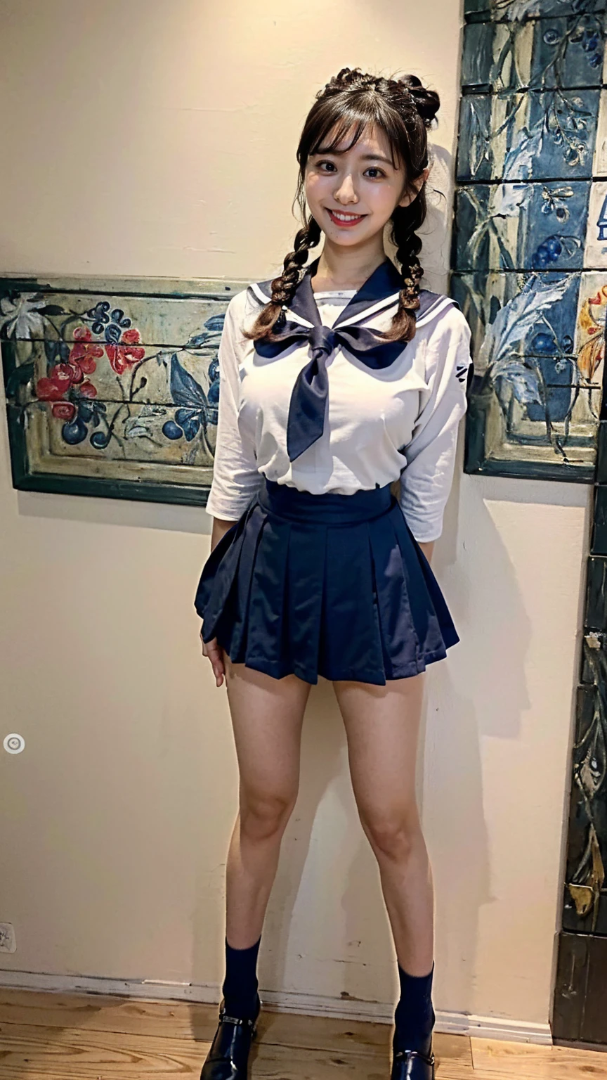 (8K、RAW Photos、Highest quality、masterpiece:1.2)、(Realistic、Realistic)、1 girl、((Sailor Warrior Outfits:1.5、With pubic hair、Large Breasts、Full body from the front、Standing with hands behind back、、Lots of eyelashes、Glowing eyelids、skeletally correct、smile、This photo will awaken boys to sex