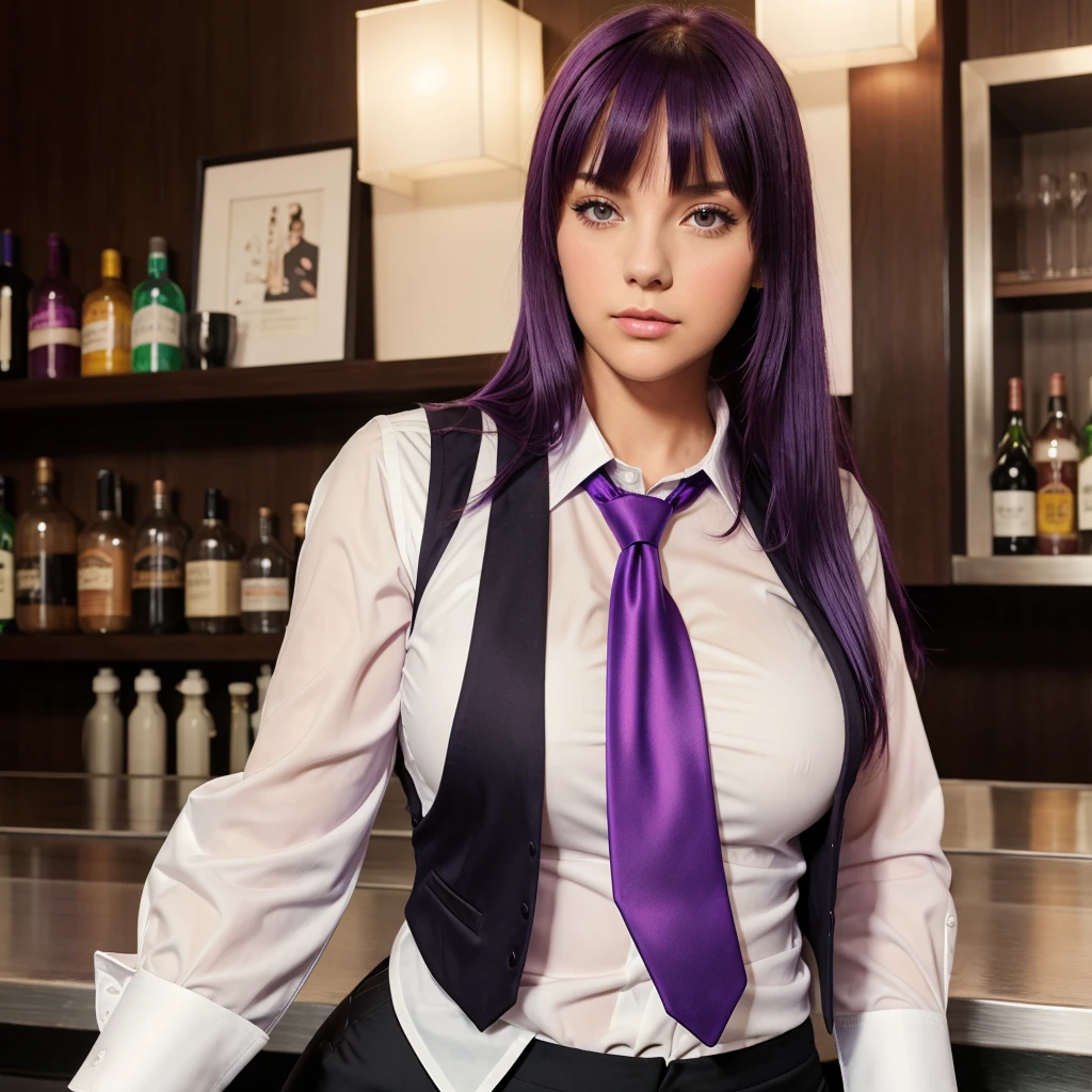 1girl, solo, bangs, blush, hand on own chest, jill stingray, long sleeves, looking at viewer, purple hair, medium breasts, necktie, shirt, solo, upper body, vest,  bartender, vest, white shirt,
