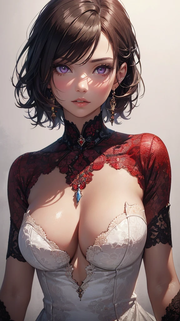 1girl, solo, (photorealistic:1.4), very delicate and beautiful, (top quality:1.4), (high detailed skin:1.4), glowing eyes, goddess, shiny skin, Beautiful detailed face, real skin texture, expressive eyes, luscious lips, glossy lips, natural makeup, golden short hair, purple eyes, partially clad in a gorgeous (red:1.3) lace wedding dress, suggestive gaze, elegant and attractive posture, upper body shot, (from below:1 .4),(white back ground:1.4)