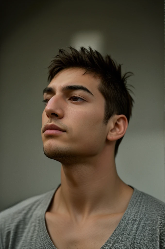 He lifts his head, staring into the distance, lost in thought.