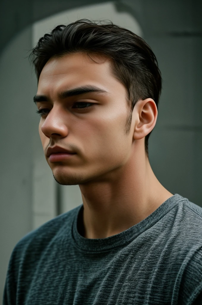 He lifts his head, staring into the distance, lost in thought.