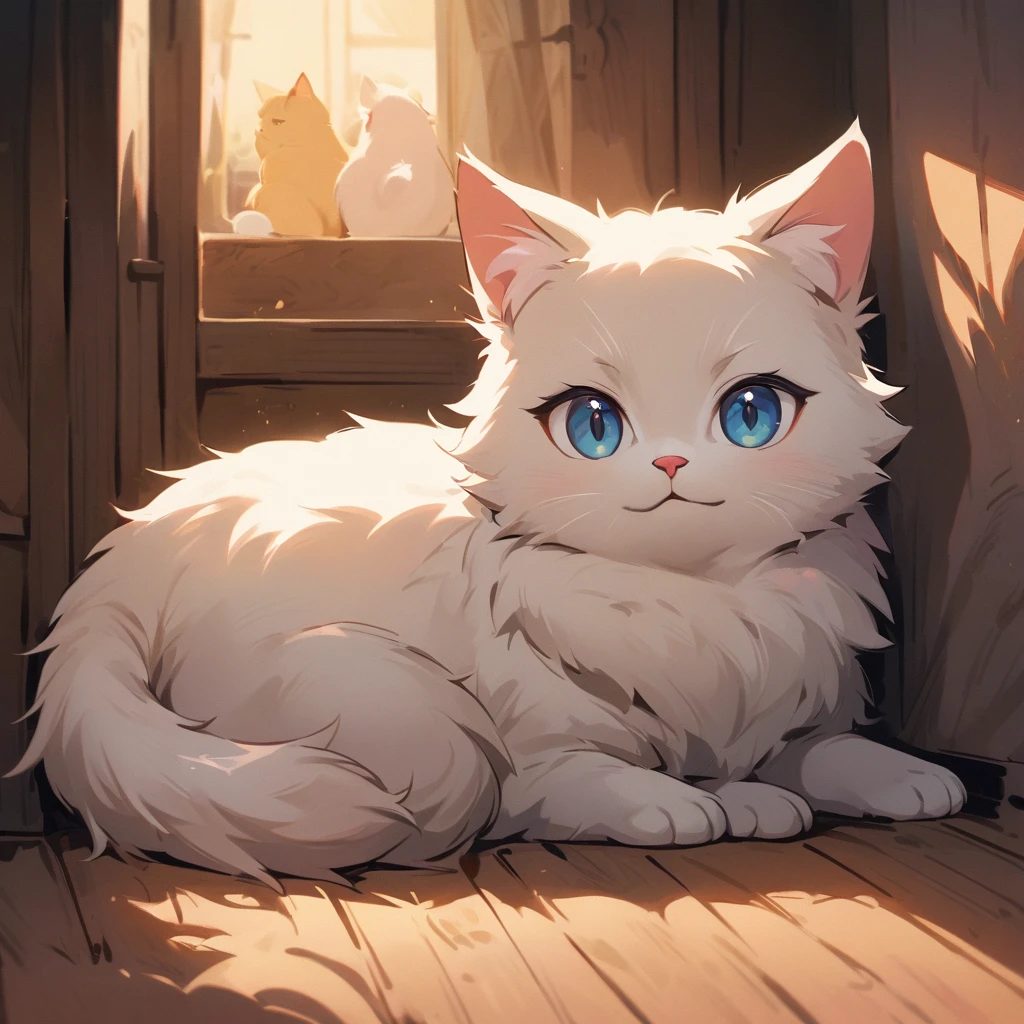 a cute cat with big, expressive eyes and a playful expression, sitting in a cozy indoor setting with soft lighting and warm colors. The cat has a fluffy tail and perky ears, and its fur is a mix of white and light gray.