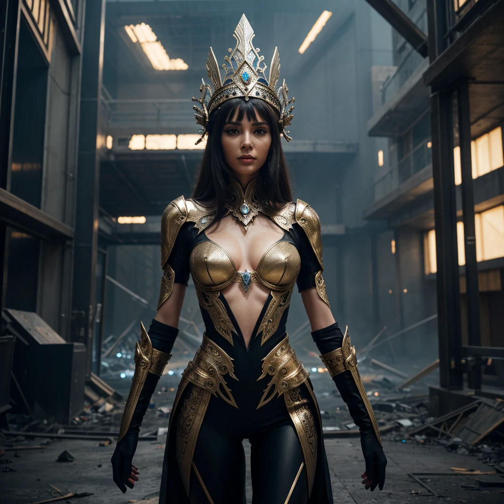Woman in extravagant headdress, reminiscent of an ancient crown with futuristic elements.
full height, with long legs and seductive shapes.
Face with clearly defined features and metallic accents.
Suit made of transparent material with integrated luminous lines.
Background: post-apocalyptic world with destroyed buildings and remnants of technology.
outside: One arm raised up, as if she is addressing an audience or controlling something.