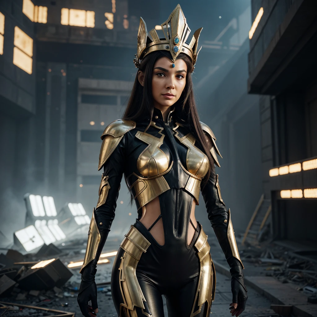 Woman in extravagant headdress, reminiscent of an ancient crown with futuristic elements.
full height, with long legs and seductive shapes.
Face with clearly defined features and metallic accents.
Suit made of transparent material with integrated luminous lines.
Background: post-apocalyptic world with destroyed buildings and remnants of technology.
outside: One arm raised up, as if she is addressing an audience or controlling something.