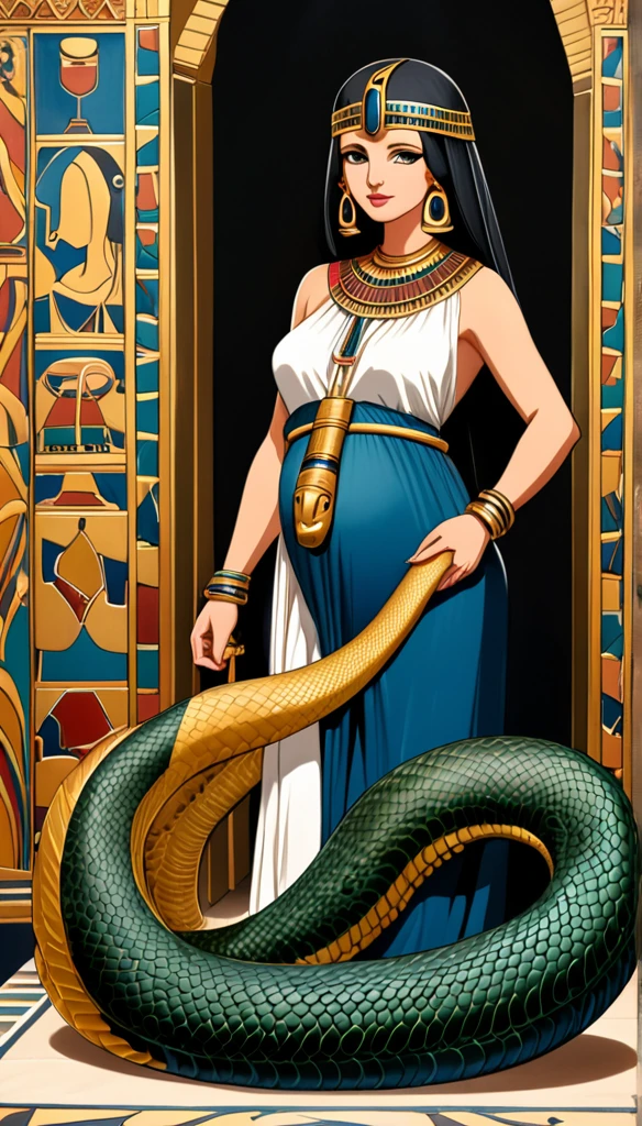 Femme égyptienne , avec une grosse poitrine, une peau de serpent, de l'Égypte antique, dans un temple égyptien, porte une robe rouge et couleur sable, épousant le corps, a de long cheveux raide noirs orné de nombreux bijoux,  la femme est enceinte de serpent, sa poitrine gonflé de lait, des crochets de serpent, visible lorsqu'elle sourit, a des yeux doré a pupilles reptilienne, porte un cobra noir 