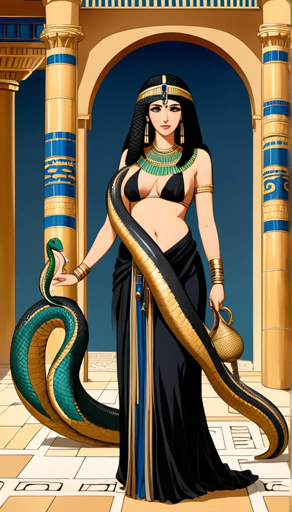 Femme égyptienne , avec une grosse poitrine, une peau de serpent, de l'Égypte antique, dans un temple égyptien, porte une robe rouge et couleur sable, épousant le corps, a de long cheveux raide noirs orné de nombreux bijoux, la femme est enceinte de serpent, sa poitrine gonflé de lait, des crochets de serpent, visible lorsqu'elle sourit, a des yeux doré a pupilles reptilienne, porte un cobra noir