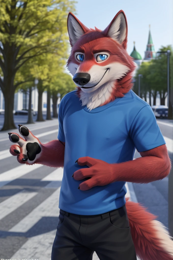 Ivan Wolfbach (Аэропорт Domodedovo),high,Beautiful,slim,24 years,wolf, red fur,high Beautiful wolf, 24 years,(red body:1.3),beautiful blue eyes,Domodedovo, Russia, Аэропорт Domodedovo,t-shirt, trousers,canine, wolf, detailed fur, male, antro, paw pads, finger claws, at viewer, 5 fingers, paws, 5 fingers,day,digital photography, soft focus,good mood на стойке регистрации,,photorealism, realistic, photorealistic,digital style,from close walks around the city, Very close to the camera, digital photography, smile positive, good,mood,From the heart,
masterpiece, Best quality, ultra realistic, 8 k)
