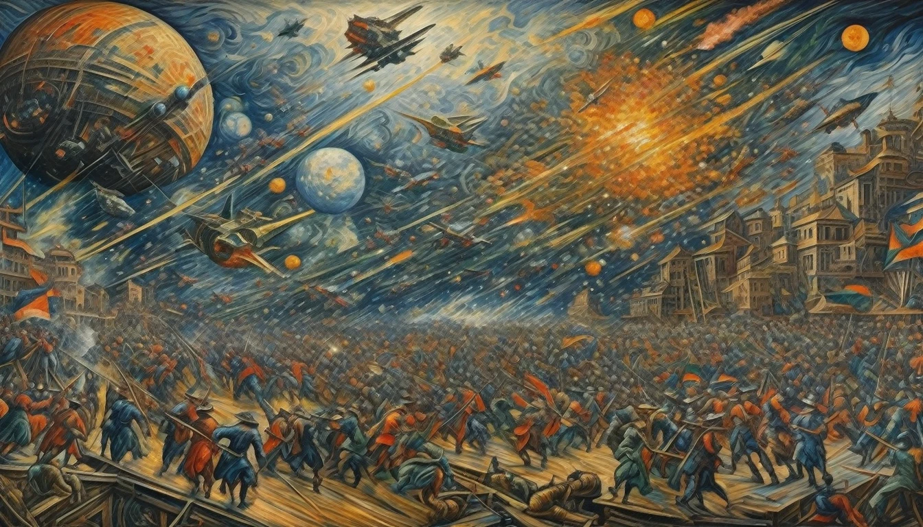 [panorama]:(best quality, Masterpiece:1,6)Space War((style by Umberto-Boccioni)), (oil painting), Detailed illustration, grotesque, Intricate details, tempering, (aesthetics), excitement, hyper-realistic, insanely detailed, 8k