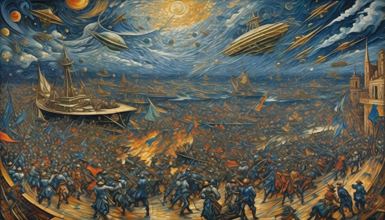 [panorama]:(best quality, Masterpiece:1,6)Space War((style by Umberto-Boccioni)), (oil painting), Detailed illustration, grotesque, Intricate details, tempering, (aesthetics), excitement, hyper-realistic, insanely detailed, 8k